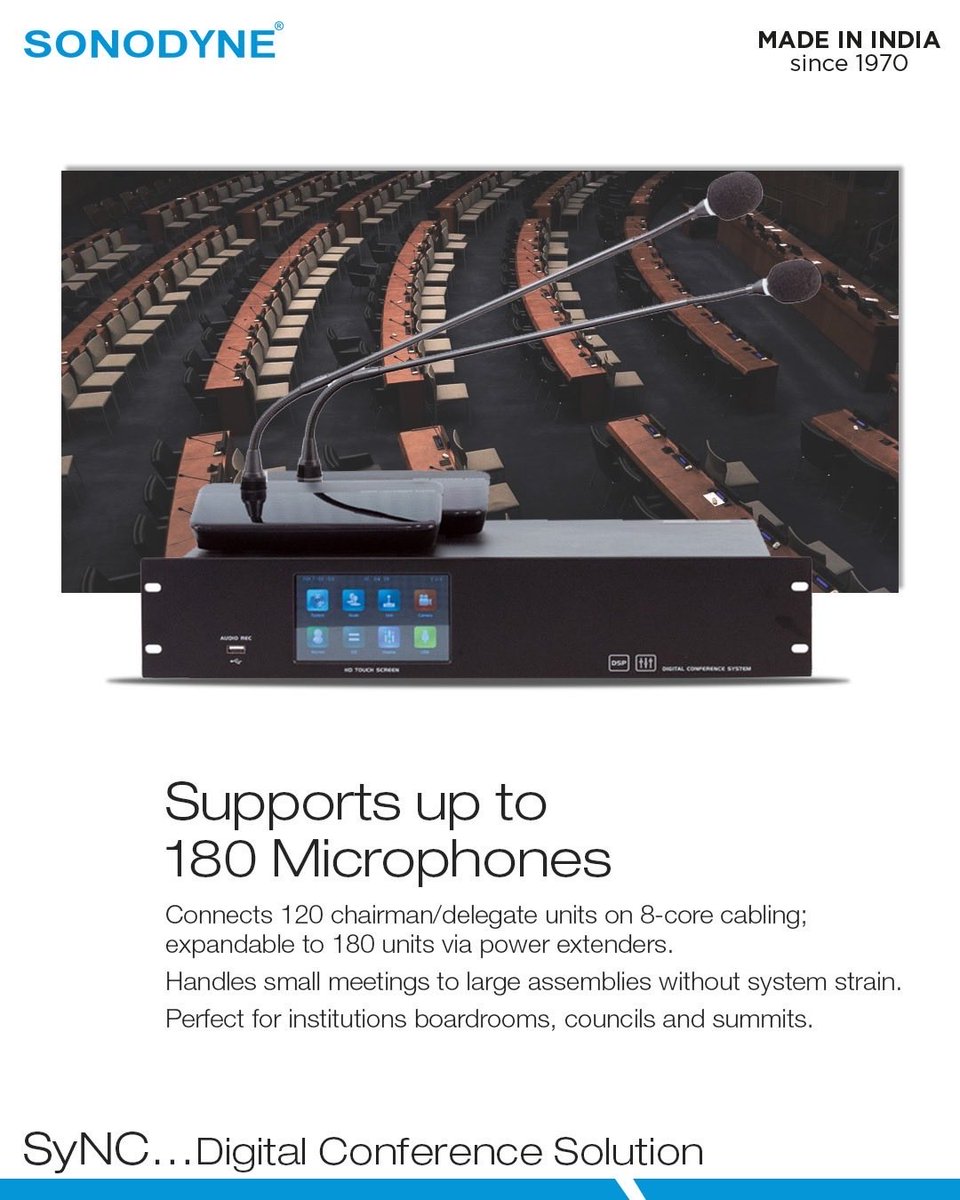 SonodyneMusic's tweet image. The Sonodyne SyNC Digital Conference System delivers enterprise-grade speech intelligibility, automated meeting control, and flexible scalability, from small rooms to large assemblies.

Discover SyNC: sonodyne.com/category/insta…

#sonodyne #MadeInIndia #SyNC