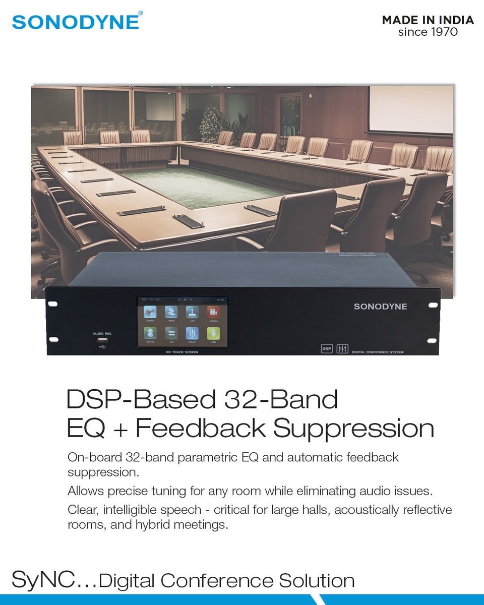 SonodyneMusic's tweet image. The Sonodyne SyNC Digital Conference System delivers enterprise-grade speech intelligibility, automated meeting control, and flexible scalability, from small rooms to large assemblies.

Discover SyNC: sonodyne.com/category/insta…

#sonodyne #MadeInIndia #SyNC