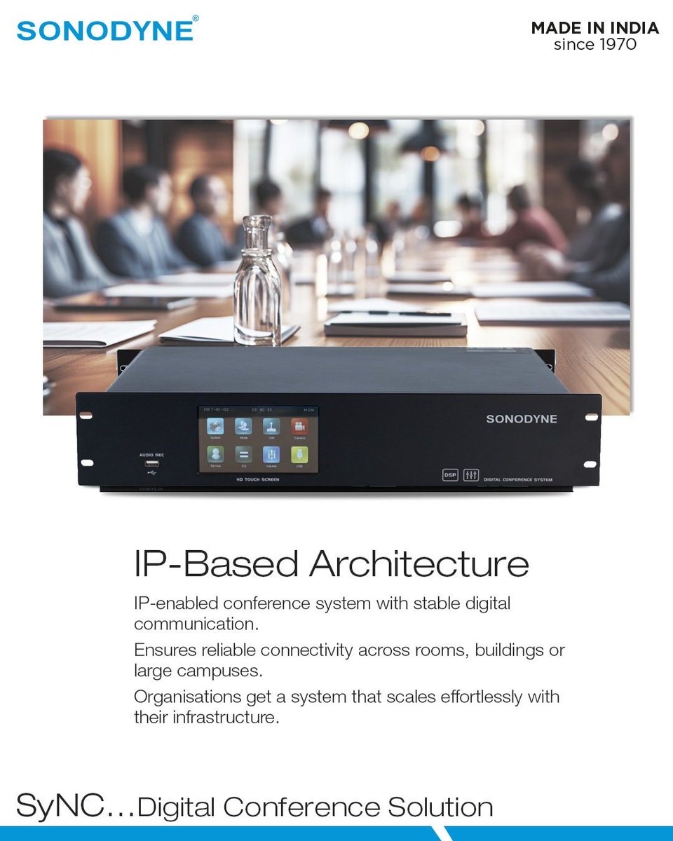 SonodyneMusic's tweet image. The Sonodyne SyNC Digital Conference System delivers enterprise-grade speech intelligibility, automated meeting control, and flexible scalability, from small rooms to large assemblies.

Discover SyNC: sonodyne.com/category/insta…

#sonodyne #MadeInIndia #SyNC