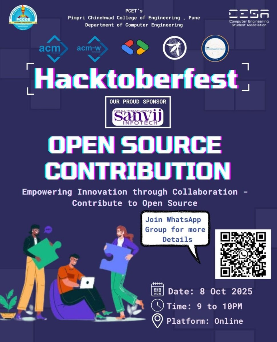 pccoeacm's tweet image. ✨ Greetings from Team CESA-SDW PCCoE ACM Student Chapter! ✨
💻 Join Hacktoberfest 2025: Open Source Contribution Session to explore, collaborate, and contribute to the exciting world of Open Source! 🌐 #Hacktoberfest