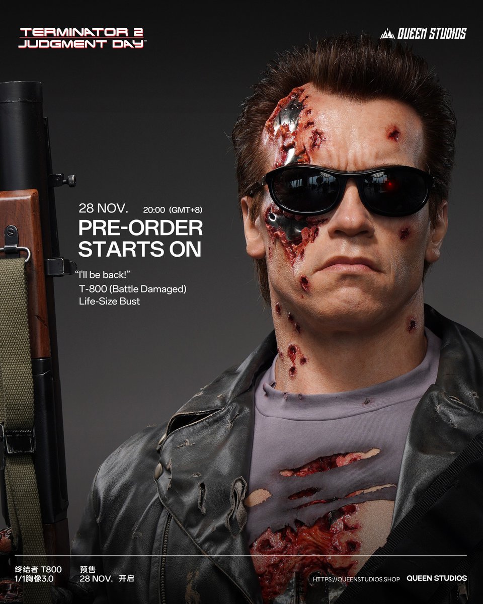 XMStudiosGH's tweet image. Queen Studios Collectibles showed a new teaser for the coming Pre-Order of Queen Studios Terminator 2 - T-800 Battle Damaged (Mechanical) 1:1 Life-Size Bust. 

Pre-Order om Friday 28th November. 

#QueenStudios #GHeroes #JudgmentDay #T800 #BattleDamage #ArnoldSchwarzenegger