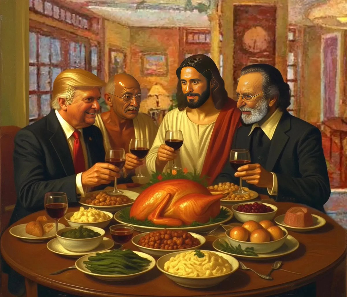 GaryPetersonUSA's tweet photo. It don’t matter that my family ditched me, because in my art I’m already having a Happy Thanksgiving with 3 proud patriots, President Trump, Gondy, and a side of Christ Jesus. https://t.co/DqHxfiJTCM