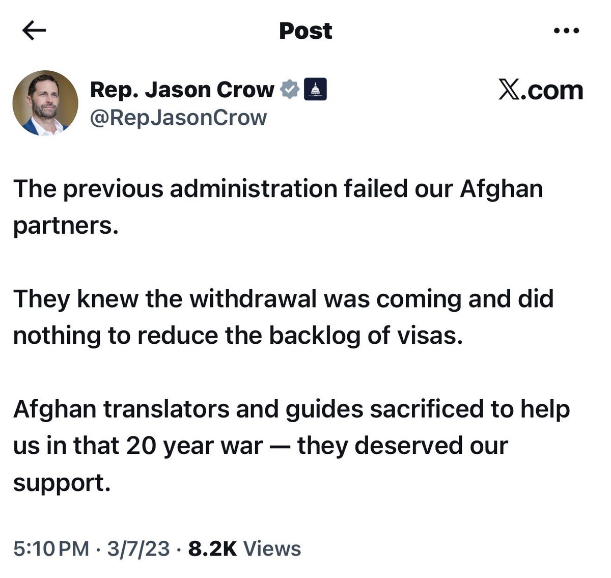 <a href="/0HOUR1__/">0HOUR</a> Holy shit! Jason Crow, one of the Seditious Six, literally has made it his mission to speed up Visa process for Afghans. Introduced a bill on this in August 2025. Criticized the Trump administration for the backlog on getting interpreters and Afghan evacuees permanent residence.