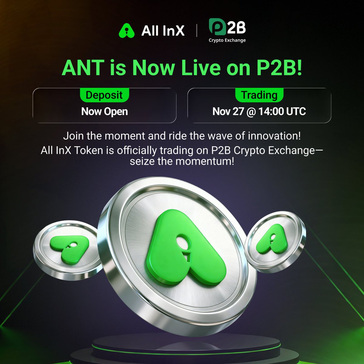 🚨 Exciting News! 🚨 The All InX Token (ANT) is now LIVE on P2B  @P2B_exchange_X! 🔥 ⏰ Time: Today at 14:00 UTC 🔗 Trade ANT on P2B:  https://t.co/M918GLc7NZ Join us on P2B