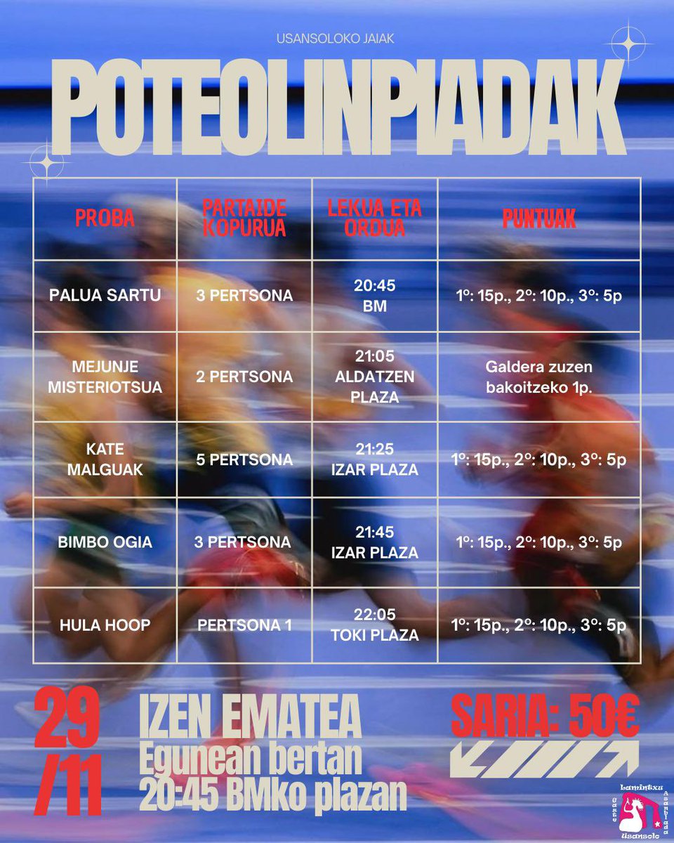 Aupa Usansolo! Barikuen poteolimpiadak dekoguz 🏅🏁Hurbildu barikuen bertan 20:45etan BMko plazara ta parte hartu. Txapeldunek 50€ irabaziko dituzte. Animau!!!