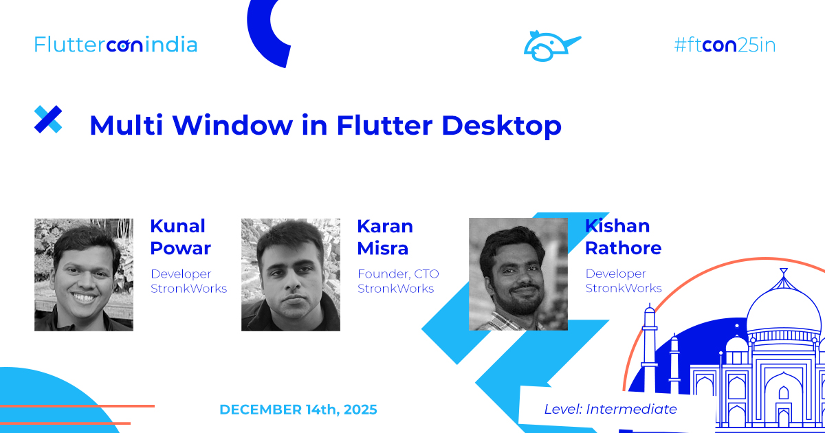 FlutterconWorld's tweet image. Three perspectives, one stage! Get ready for an enlightening #ftconin25 session with @rkishan516, Kunal Powar, &amp;amp; Karan Misra! 💡 

#Flutter desktop is no longer single-window. Learn how to add rich multi-window support with simple, real-world steps. Secure those tickets whilst…