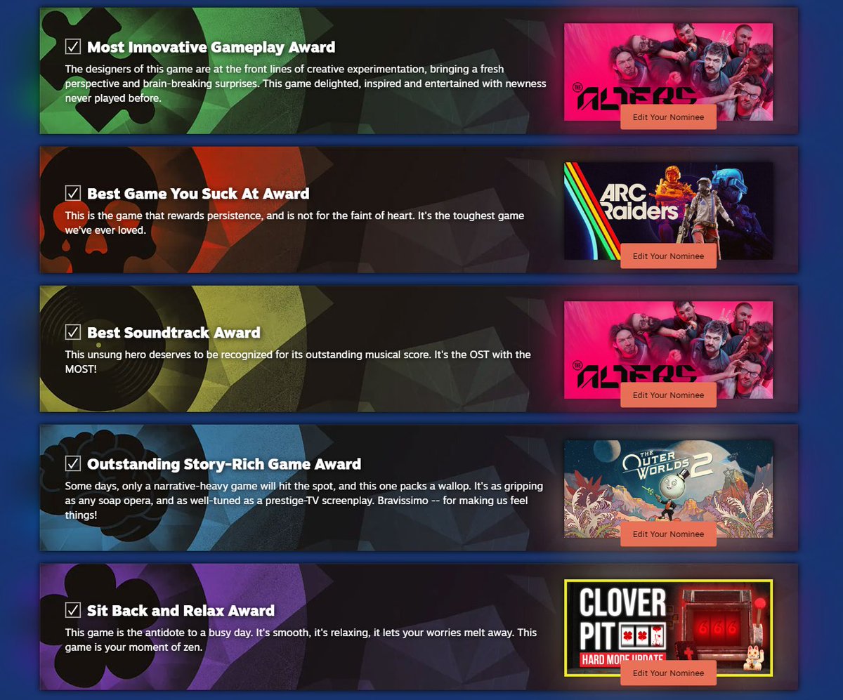 CSSPrincess's tweet image. so those would be my Steam Awards Nominations

GOTY - still can&apos;t decide between:
the Alters
the Outer Worlds 2
ARC Raiders
Avowed

ideally, I would love Anoxia Station in all categories 💔 but who else would vote?