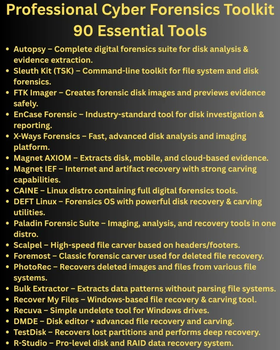 Anastasis_King's tweet image. 🧪🔍 90 Essential Forensics Tools

Digital forensics is a core pillar of modern cybersecurity, helping analysts uncover evidence, trace incidents, and understand exactly what happened during a breach. 

🔖 #DigitalForensics #DFIR #IncidentResponse #CyberSecurity #ForensicsTools