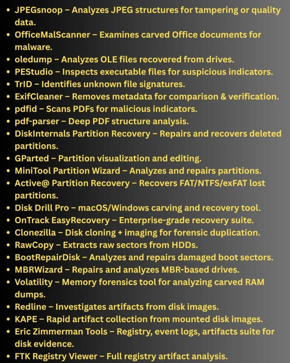 Anastasis_King's tweet image. 🧪🔍 90 Essential Forensics Tools

Digital forensics is a core pillar of modern cybersecurity, helping analysts uncover evidence, trace incidents, and understand exactly what happened during a breach. 

🔖 #DigitalForensics #DFIR #IncidentResponse #CyberSecurity #ForensicsTools