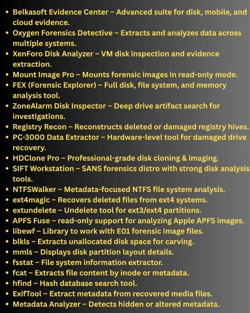 Anastasis_King's tweet image. 🧪🔍 90 Essential Forensics Tools

Digital forensics is a core pillar of modern cybersecurity, helping analysts uncover evidence, trace incidents, and understand exactly what happened during a breach. 

🔖 #DigitalForensics #DFIR #IncidentResponse #CyberSecurity #ForensicsTools