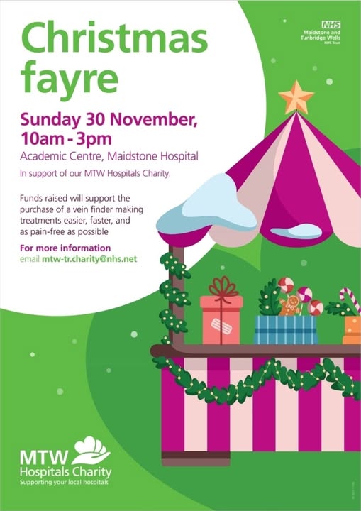 Come along to our @mtwcharity Christmas Fayre on Sunday 30 November, 10am - 3pm in Maidstone Hospital Academic Centre! 🎁🎄

Funds raised support the purchase of a vein finder for our Medical Infusion Suite,  making treatments easier, faster and as pain-free as possible.