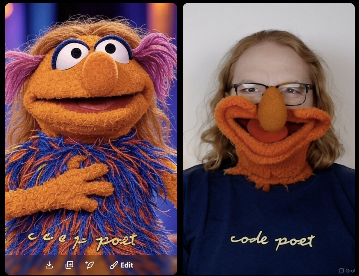 codepo8's tweet image. So I asked Grok to turn my photo into a muppet…