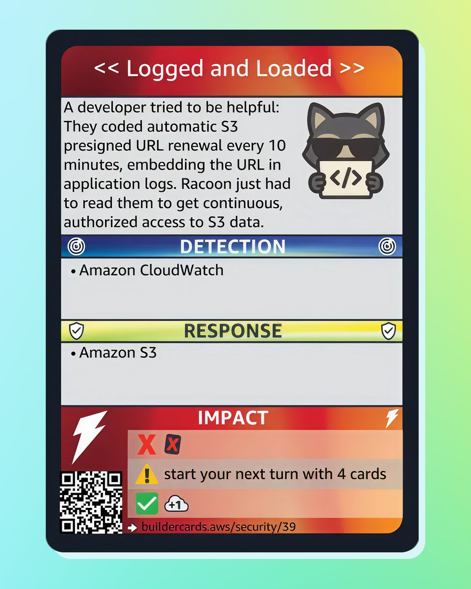 AWSEvents's tweet image. Meet Zero-Day Raccoon. 🦝

Digs through code like trash, finds treasure every time. Your bug report is Raccoon’s midnight snack.

Register for #AWSreInvent &amp;amp; catch him in action during the #AWS BuilderCards Security pack challenge. 👉 go.aws/3Xy9mGj