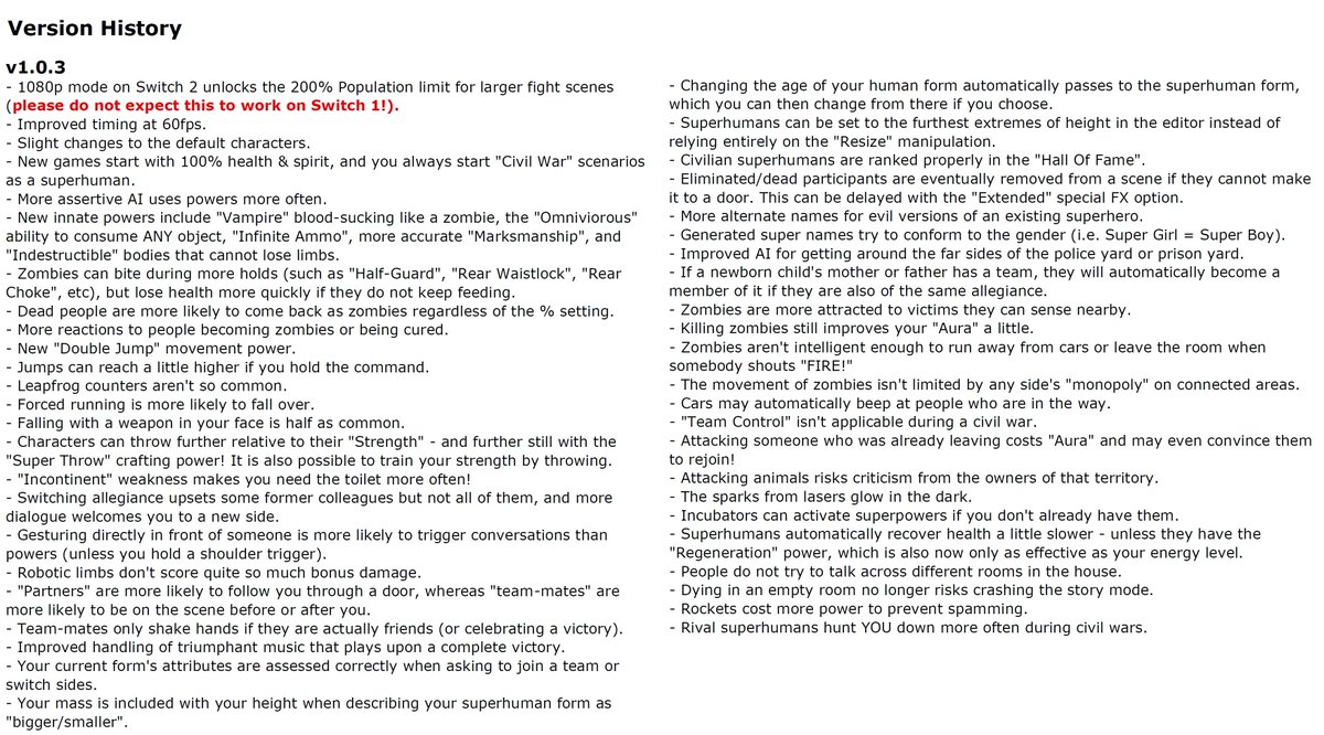 When you're getting 2 games for the price of 1, you get twice as many patch notes too! Thanks to some of the more constructive feedback from early adopters on Switch, v1.0.3 of "Infinite Lives" is now strong enough to face tougher crowds in time for #Thanksgiving: 💪