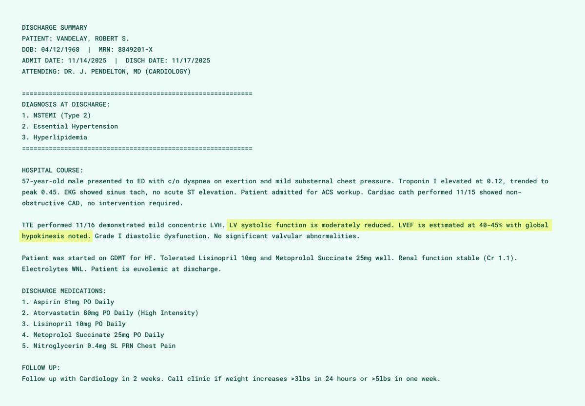 DiscRisknBisque's tweet image. A quick example of what we want to improve at Obtego:

There’s important info buried in one key sentence of this wall of text (discharge report). It covers the main finding from the patient’s last visit and relates to why they’re prescribed a new medication. Even with it…