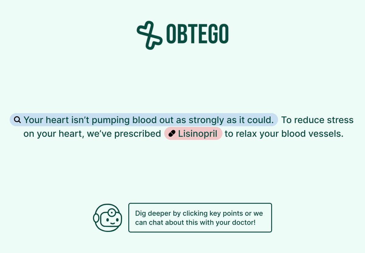 DiscRisknBisque's tweet image. A quick example of what we want to improve at Obtego:

There’s important info buried in one key sentence of this wall of text (discharge report). It covers the main finding from the patient’s last visit and relates to why they’re prescribed a new medication. Even with it…