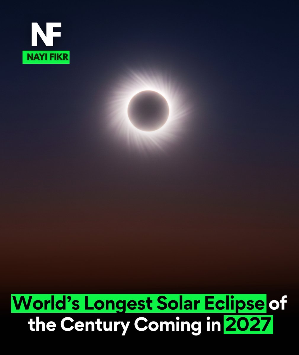 nayifikr's tweet image. The longest solar eclipse of the century will occur in 2027 — a must-watch celestial event!

Disclaimer: Info only, not publisher’s views.
#SolarEclipse #Astronomy #NayiFikr