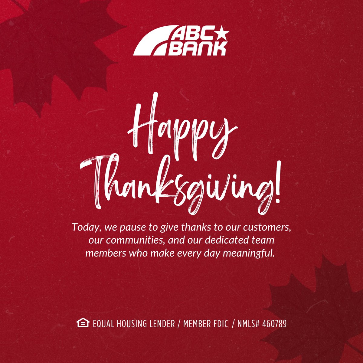 As we celebrate this season of thankfulness, we're especially appreciative of the people who make our work so rewarding.

Wishing you a Thanksgiving filled with warmth, connection, and moments that matter. 

#ThankfulTogether #GratitudeSeason #ABCBank