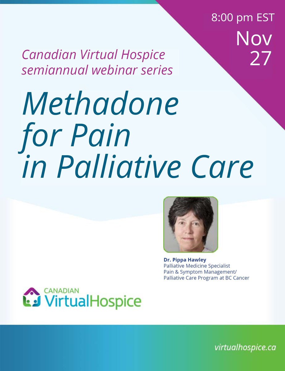 VirtualHospice's tweet image. Join us for our semiannual #Methadone4Pain webinar series—this one taking place Nov 27 at 8pm ET. Don’t miss this opportunity to learn from an expert and connect with others prescribing #methadone for pain. buff.ly/ZkUulZ6  #hpm @CSPCP_SCMSP @Royal_College @FamPhysCan