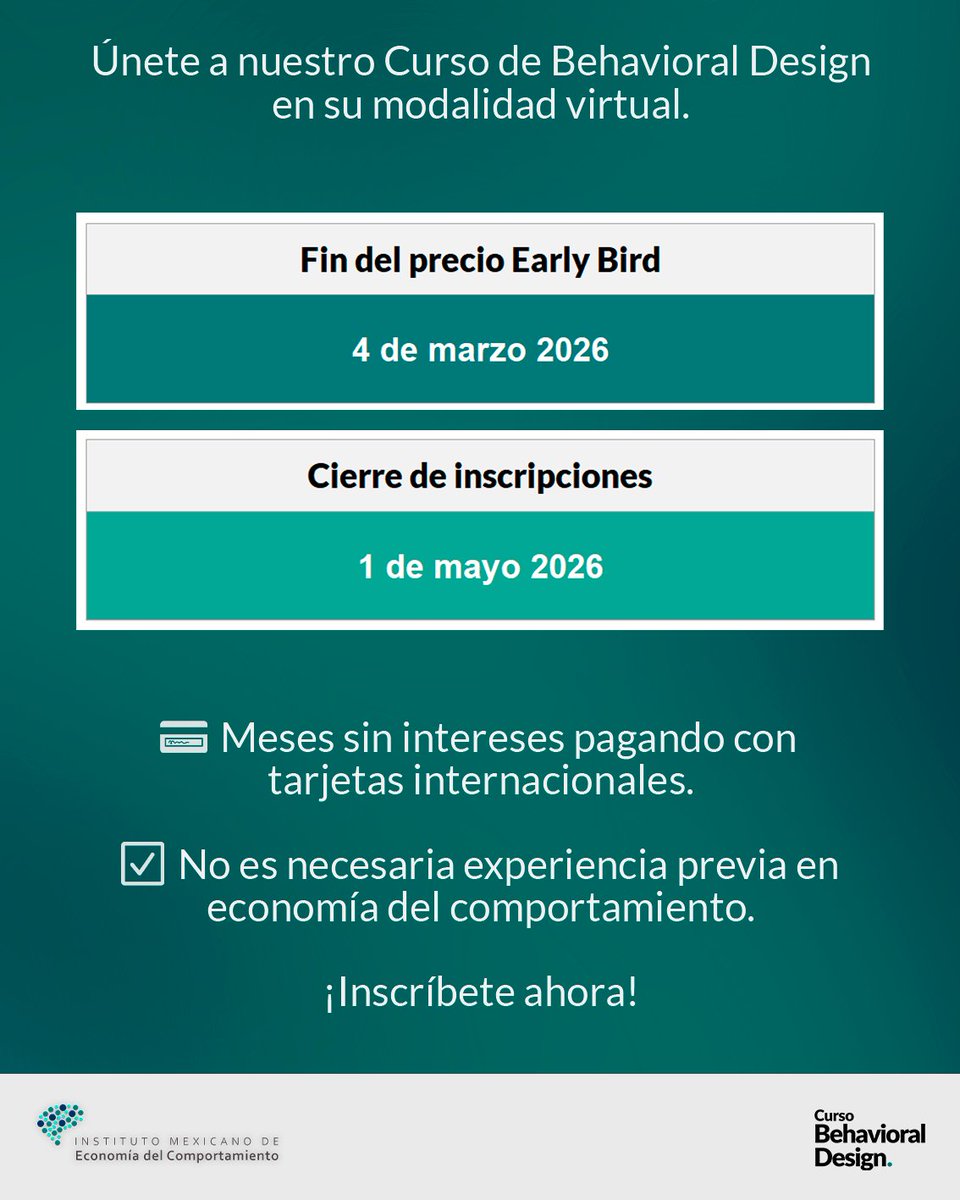 ecomportamiento's tweet image. 🎯 En el curso Behavioral Design obtendrás herramientas prácticas para aplicar las ciencias del comportamiento en tus proyectos. 

🧠 Transforma tu forma de diseñar ¡Cupo limitado a 20 personas!

🔗 Inscríbete aquí: ow.ly/TisU50Xw3ro