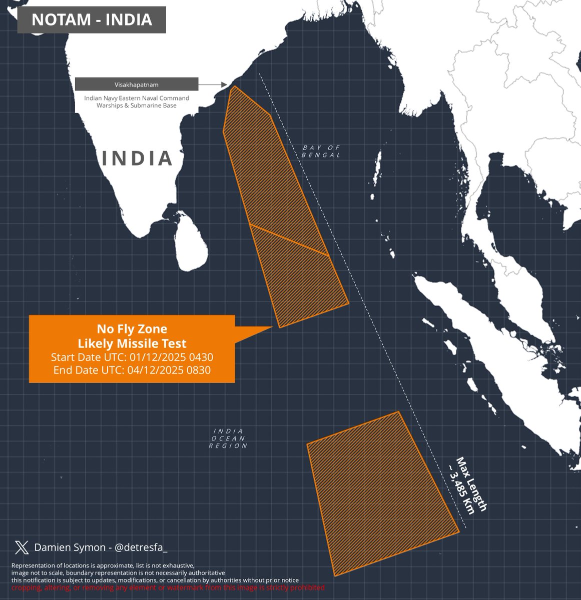 detresfa_'s tweet image. India issues a notification extending its danger zone for a likely sea launched missile test off the coast of Visakhapatnam, the range is near 3,485-km  

Date | 01-04 December 2025