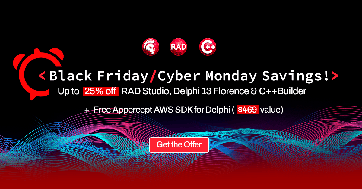 EmbarcaderoTech's tweet image. 🔥 Black Friday / Cyber Monday deals! Upgrade your Delphi, C++Builder &amp;amp; RAD Studio 13 Florence:
- Up to 25% OFF!
- FREE Appercept AWS SDK for Delphi

Grab it before it ends! tinyurl.com/yujv4swk

#Developers #Delphi #RADStudio #CBuilder #DevTools