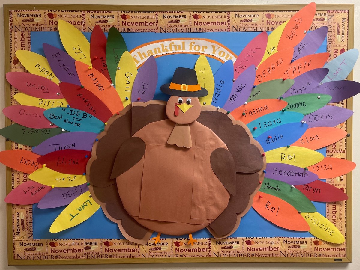 NextStepHC's tweet image. Wedgemere Healthcare's residents each chose a staff member that they are thankful for to add some feathers to their turkey! 🤎❤️🧡💛💚💙💜 #thankful #turkey #community #care