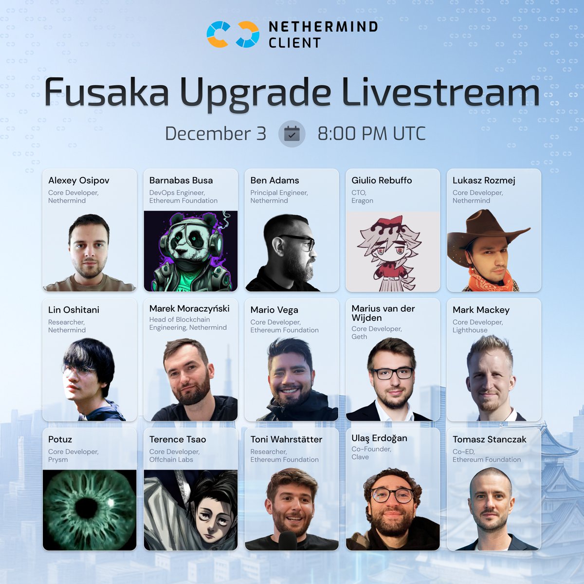 Fusaka Upgrade Livestream Poster featuring speakers from Nethermind, Ethereum Foundation, and more