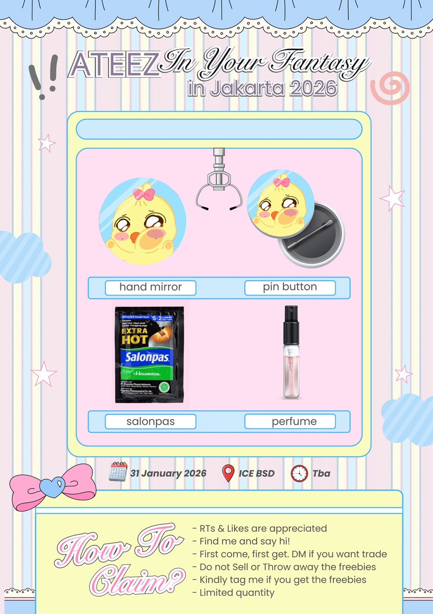 ✨‼️ATEEZ In Your Fantasy in Jakarta‼️✨

Freebies Part 1 
🍰₊˚.༄ ೃ -  by <a href="/atzmigi/">ciaa 🧸</a> 

📅 Saturday, 31 January 2026
📍 ICE BSD
⏰ TBA 😘

Limited Qty !!
RTs &amp; Likes are appreciated 💖

#InYourFantasy_JKT #ATEEZinJKT