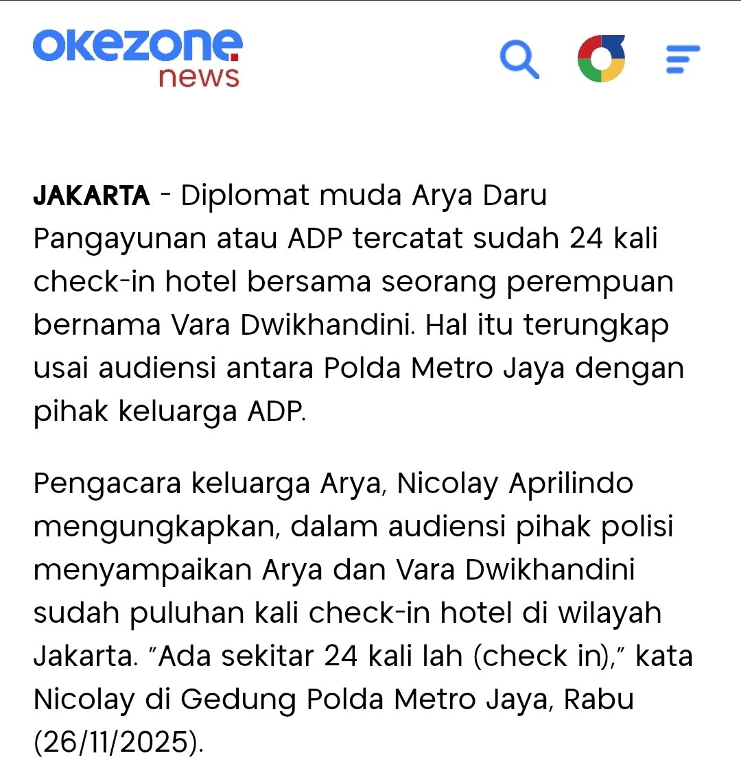 Diplomat Arya Daru;
1. Hp arya daru belum ditemukan.
2.Temuan 4 sidik jari di lakban korban.
3.Pemesanan booking kamar arya daru dan vara dwikhandini.

Gak masuk akal untuk bunuh diri dengan pilihan kehabisan nafas sendiri dengan kepala dibungkus plastik dan lakban, ayolah !