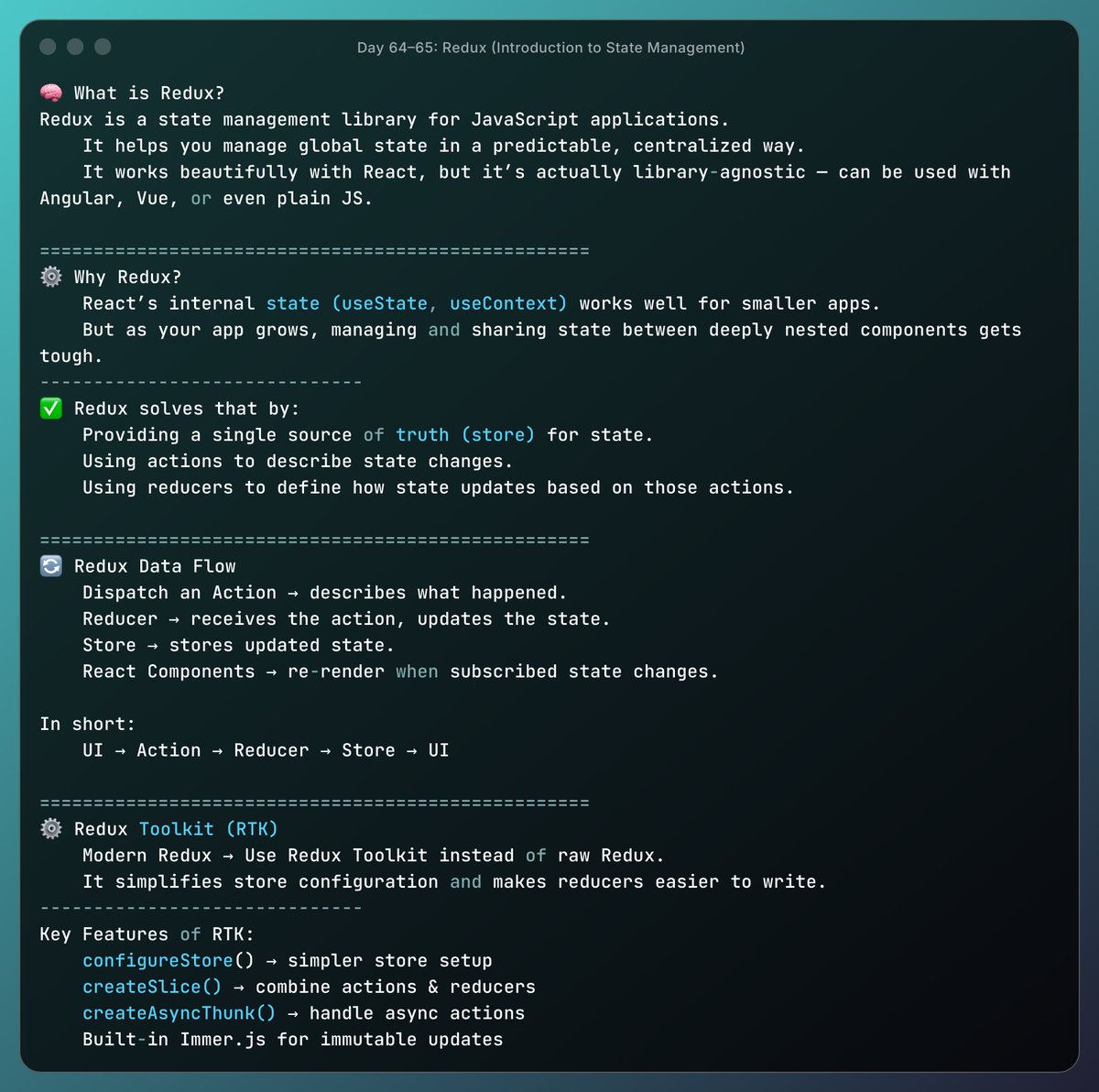 guriii3108's tweet image. Day 64–65 ⚛️
Dived deep into Redux + Redux Toolkit this week🧠
💡Centralized global state
💡No more prop drilling
💡Predictable → Action → Reducer → Store
💡RTK makes Redux feel effortless
Next = integrating Redux into my e-commerce frontend🔥
#ReactJS #Redux #100DaysOfCode