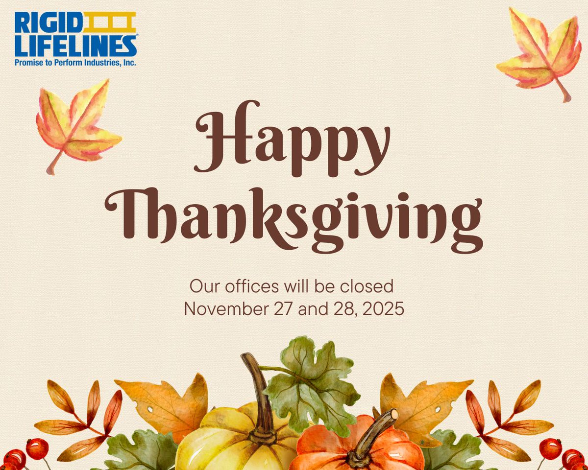 Rigid_Lifelines's tweet photo. 🦃 Happy Thanksgiving from all of us! Today, we pause to give thanks, for our team, our customers, and the partnerships that make our work meaningful. May your day be filled with warmth, gratitude, and good company.  #rigidlifelines #fallprotection #anchortrack #mobilefallarrest https://t.co/Mu6HwgXGQc