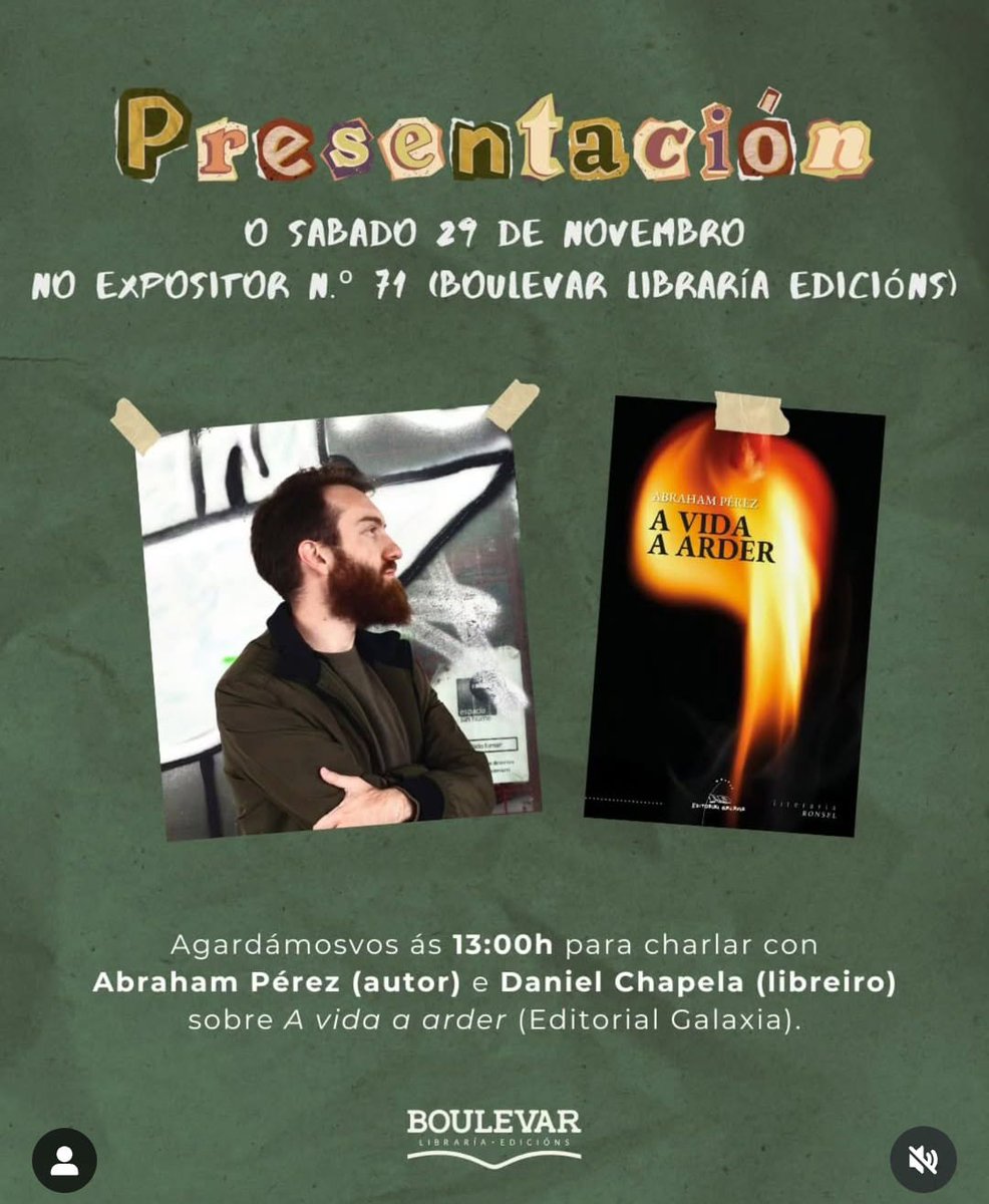Este sábado 29 estarei en Pontevedra canda <a href="/danielchapela1/">Daniel Chapela</a> presentando ‹‹A vida a arder›› (<a href="/EdGalaxia/">Editorial Galaxia</a>) no <a href="/culturgal/">Culturgal</a>. Será ás 13 horas no stand da libraría Boulevard, así que agardamos por vós!