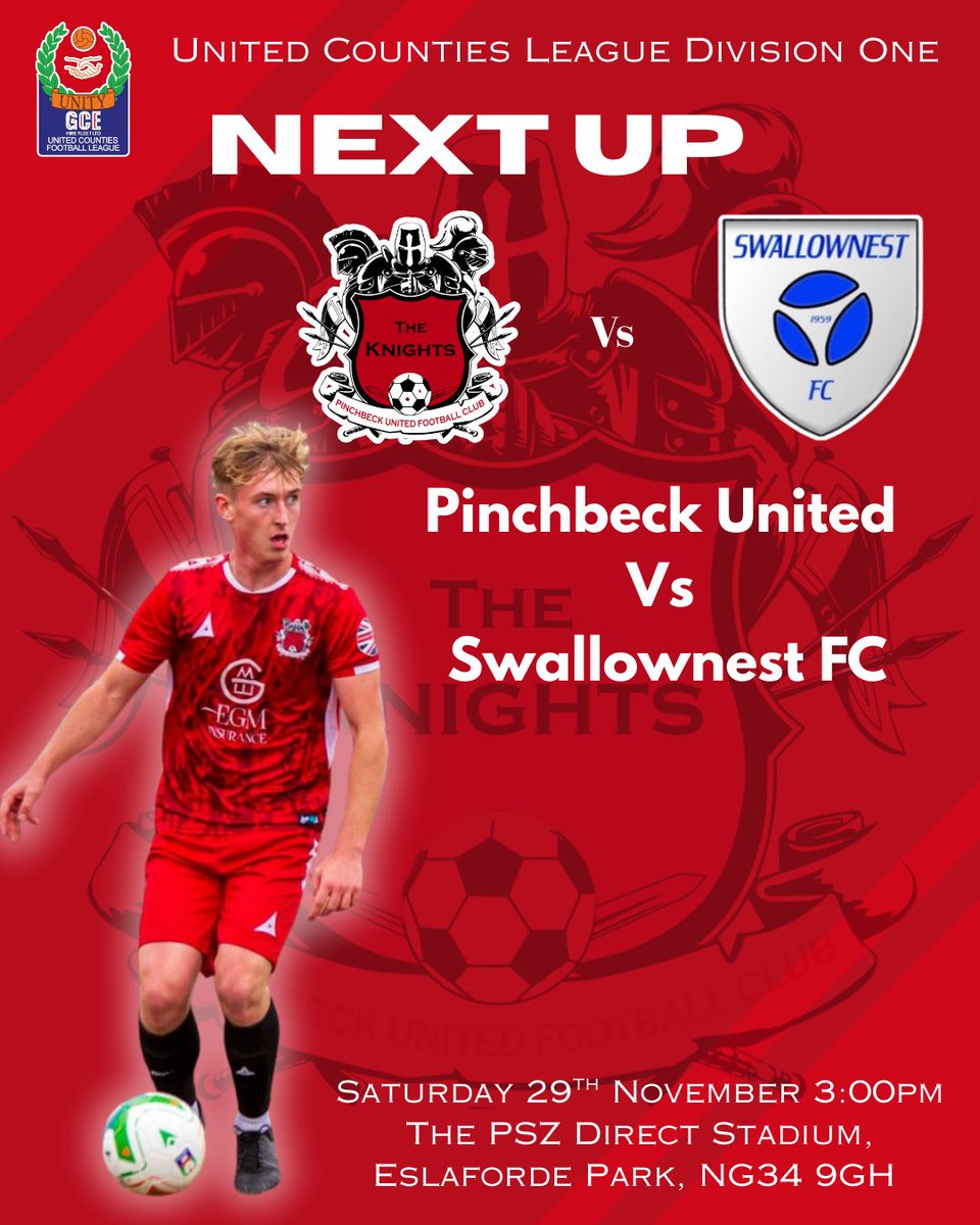PinchbeckUnited's tweet image. ⚔️Next up for the Knights⚔️

Join us this Saturday as we face @Swallownest_fc at home in the United Counties League Division One. Come on Pinchbeck!