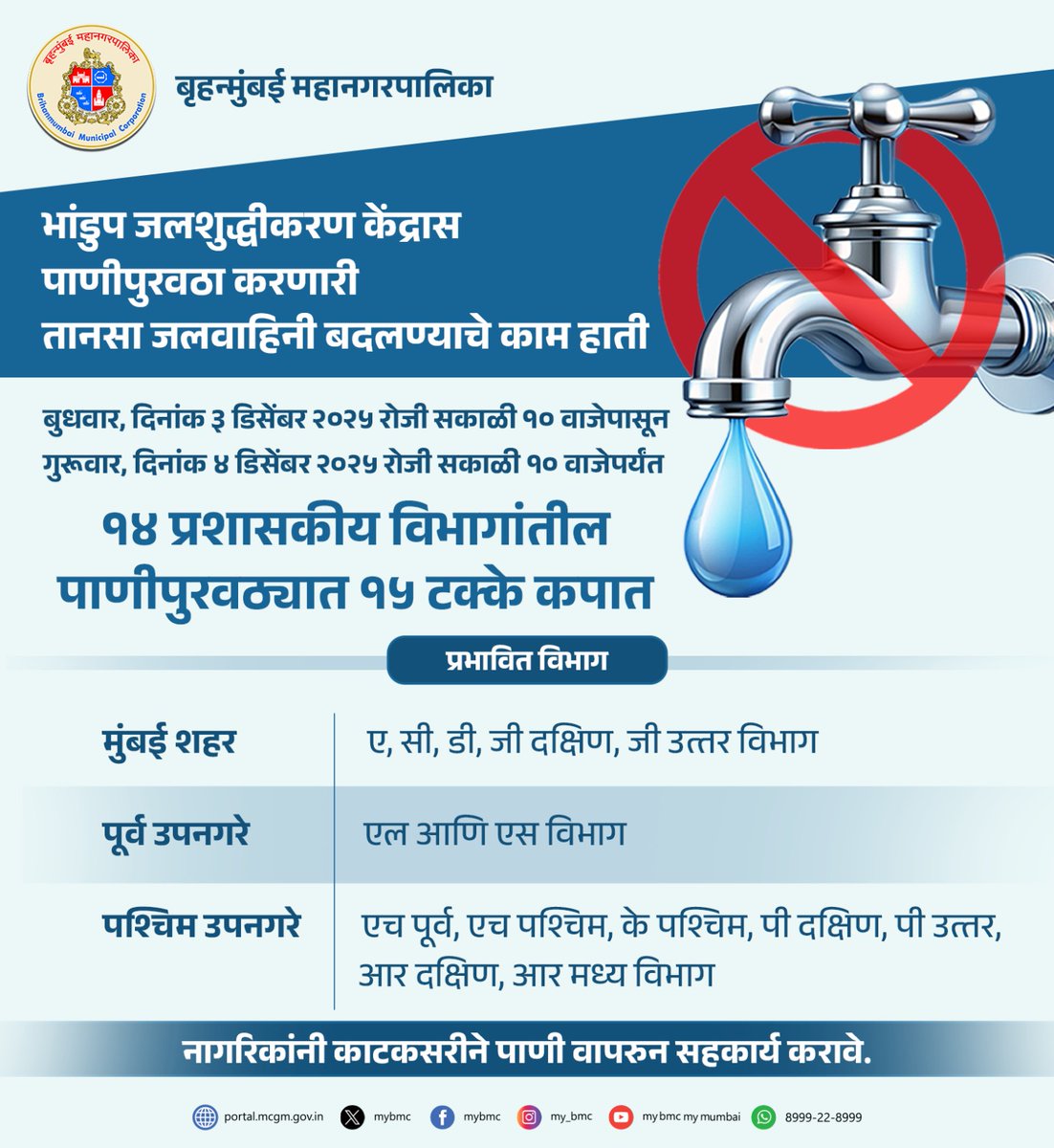 mybmc's tweet image. 💧जलवाहिनीच्या कामामुळे १४ प्रशासकीय विभागांतील पाणीपुरवठ्यात १५ टक्के कपात! 

#MyBMCUpdates