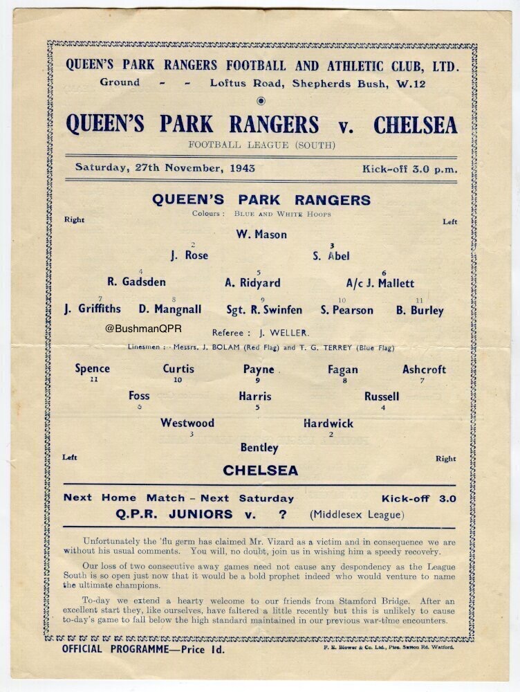 #OTD in 1943 <a href="/QPR/">QPR FC</a> 2-11👀Chelsea. Reg Swinfen and Stan Pearson scored for <a href="/QPR/">QPR FC</a> at Loftus Rd. Att: 6,000 #WW2
