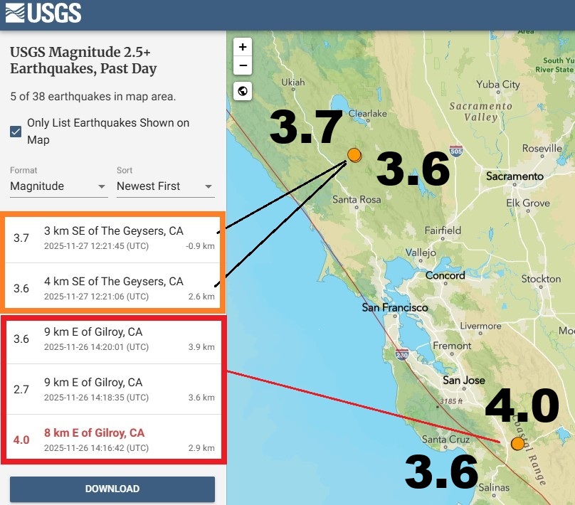 Quakeprediction's tweet image. 3.7 and 3.6 earthquakes hit in the San Francisco Bay area. Please see forecast maps.