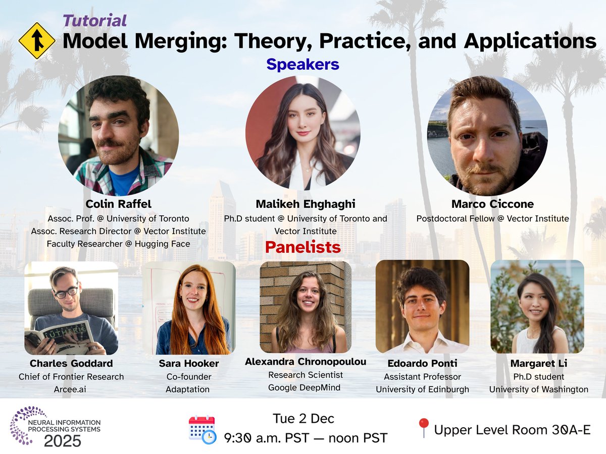 Malikeh5's tweet image. Excited to be at @NeurIPSConf next week co-presenting our tutorial: &quot;Model Merging: Theory, Practice, and Applications&quot; 🔥

Proud to do this with my PhD advisor Colin Raffel, our research fellow @mciccone_AI, and an incredible panel of speakers 💙

#NeurIPS2025 #ModelMerging