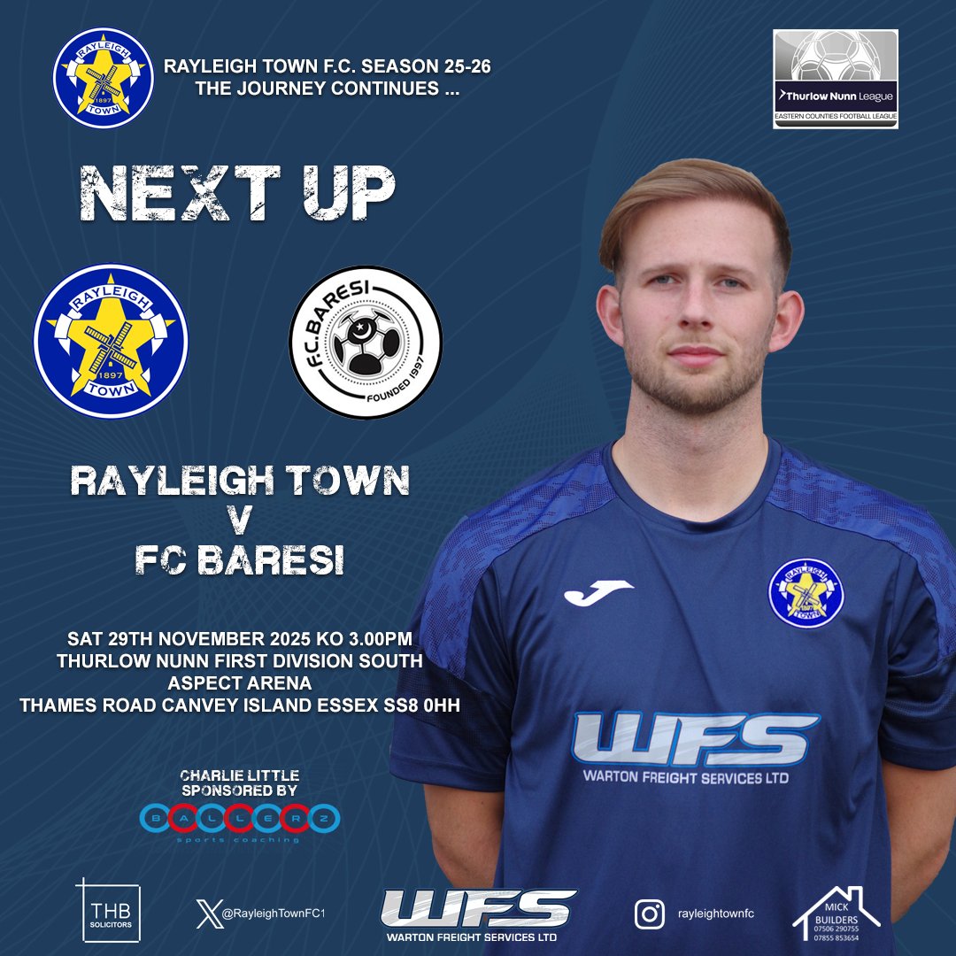 🔵 NEXT FIXTURE 🔵
After our disappointing midweek result we will be looking to get back on track this Saturday as we host
🆚 <a href="/Fc_Baresi/">Fc Baresi</a>
🏆 Thurlow Nunn FDS
🗓️ 29 November 2025
🏟️ Aspect Arena
📌 SS8 0HH 
🕒 3pm 
🎟️ Adults £7, Conc £5
U16 Free