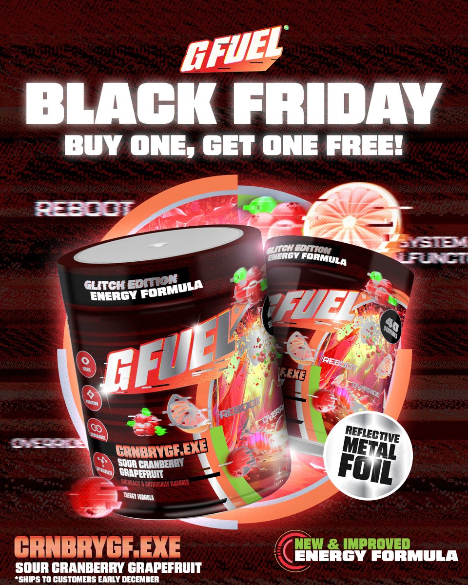 eSports_Mobile's tweet image. THE BLACK FRIDAY BOGO IS HERE! There are countless of delicious flavors, especially the Sour Cran Grapefruit.

Visit affiliateshop.gfuel.com/bogo-esportsmo… to get two #GFUEL Tubs for the price of one to mix them into a unique flavour of your choice. #FridayVibes #GFUELBOGO