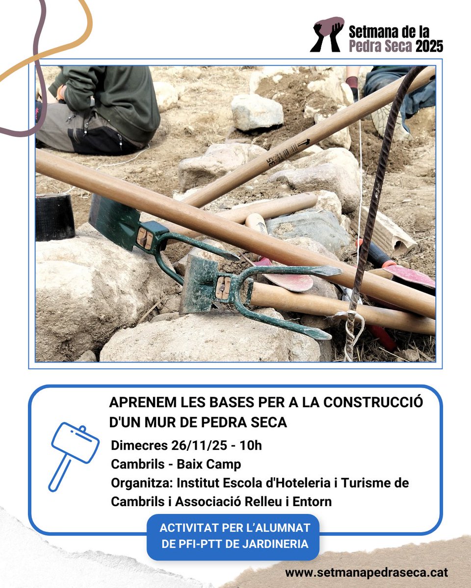 SetmPedraSeca's tweet image. 🔵APRENENTATGE
⚒️ Aprenem les bases per a la construcció d&apos;un mur de pedra seca

🗓26/11
⏰10h
📍Cambrils
📌Organitza: Institut Escola d&apos;Hoteleria i Turisme de Cambrils i Associació Relleu i Entorn
➕Info👇
setmanapedraseca.cat/activitats/age…

#SetmanaPedraSeca25 #PedraSeca