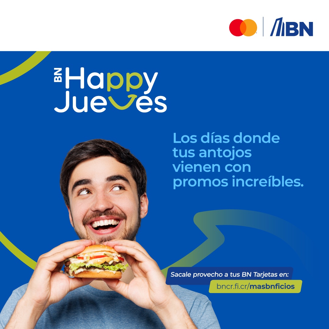 🔥 ¡Hoy es #BNHappyJueves!
Con tus BN Tarjetas Mastercard 💳 disfrutá promos deliciosas en:
🍔 Burger King | 🍕 Domino’s | 🍗 Popeyes | 🥪 Arby’s | ☕ Juan Valdez | 🥗 Rosti
👉 Detalles: bncr.fi.cr/masbnficios/bn…