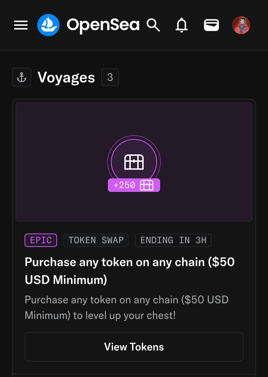 KoenSokros's tweet image. Eps 38, post about @opensea airdrop is confirmed! $SEA

💥Pre-TGE phase 3 
3, Complete daily tasks to upgrade your chest:

🔰New Voyages 3
#EPIC: Ending in 3h !
Purchase any token on any chain ($50 USD minimum) earn 250 XP.

#UNCOMMON: Ending in 3h!
Buy NFT from a verified Art…
