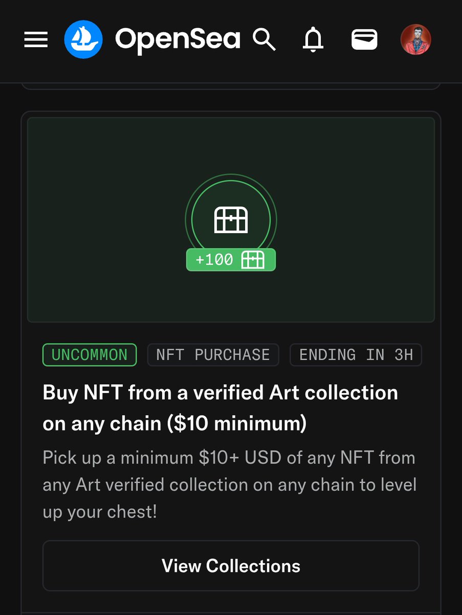 KoenSokros's tweet image. Eps 38, post about @opensea airdrop is confirmed! $SEA

💥Pre-TGE phase 3 
3, Complete daily tasks to upgrade your chest:

🔰New Voyages 3
#EPIC: Ending in 3h !
Purchase any token on any chain ($50 USD minimum) earn 250 XP.

#UNCOMMON: Ending in 3h!
Buy NFT from a verified Art…