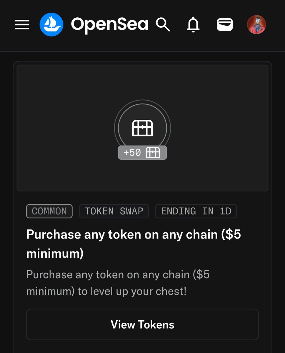 KoenSokros's tweet image. Eps 38, post about @opensea airdrop is confirmed! $SEA

💥Pre-TGE phase 3 
3, Complete daily tasks to upgrade your chest:

🔰New Voyages 3
#EPIC: Ending in 3h !
Purchase any token on any chain ($50 USD minimum) earn 250 XP.

#UNCOMMON: Ending in 3h!
Buy NFT from a verified Art…