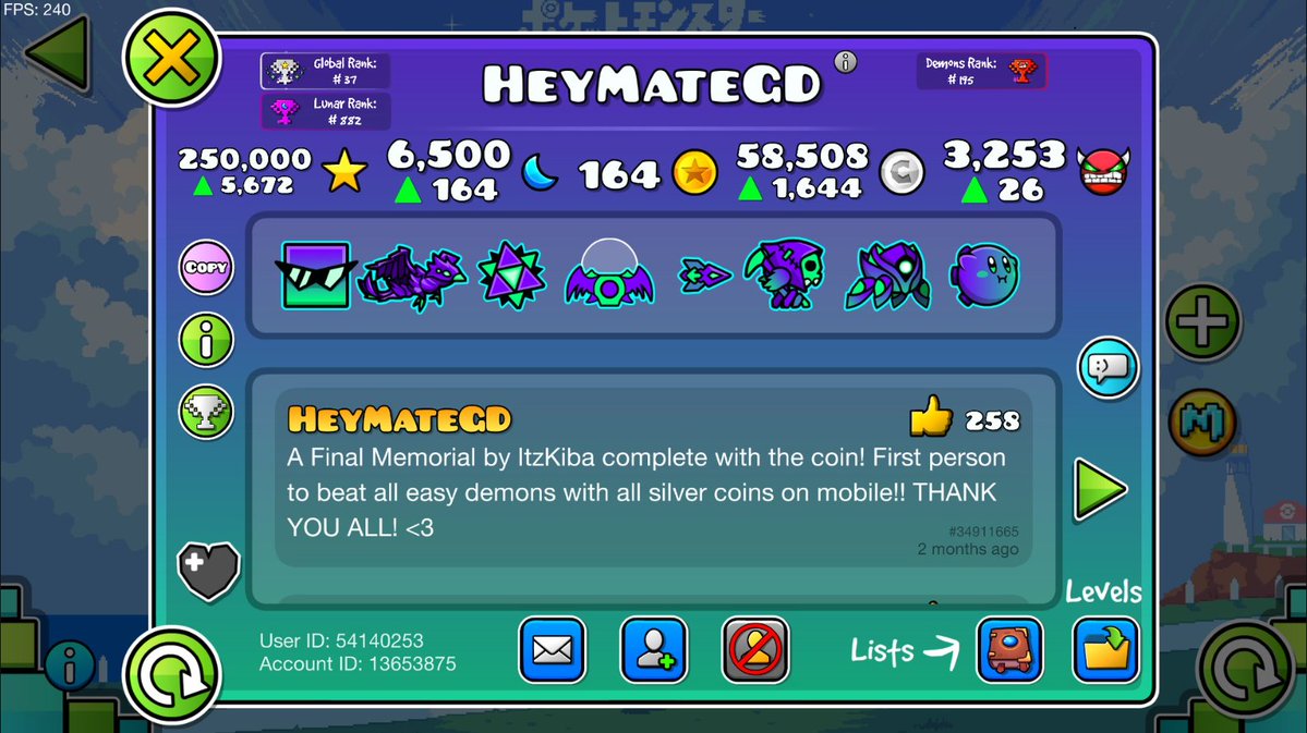 Top100Dash's tweet image. Huge congrats to HeyMateGD for reaching 250,000 stars! 37th player in the world to achieve it.
#GeometryDash #Leaderboards #Top100