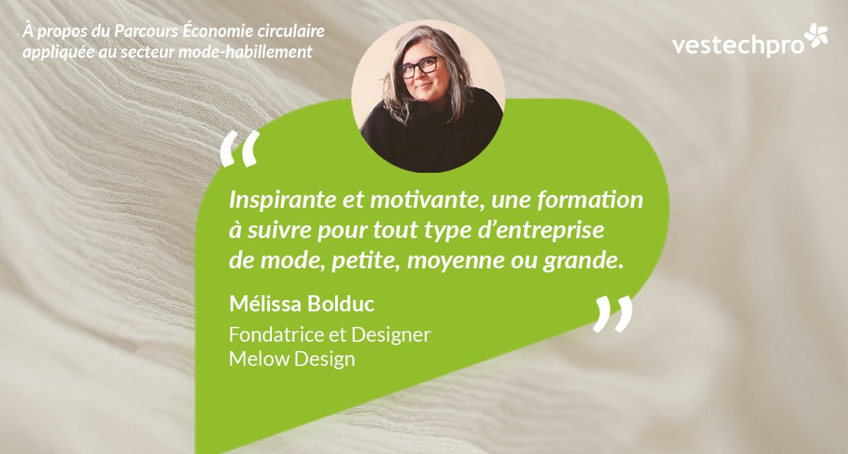 Mélissa Bolduc, Fondatrice de Melow Design, a choisi notre Parcours en économie circulaire pour innover et bâtir un futur durable.
✨ Prochaine cohorte : janvier 2026
👉 Inscrivez-vous : vestechpro.com/actualites/ins…
