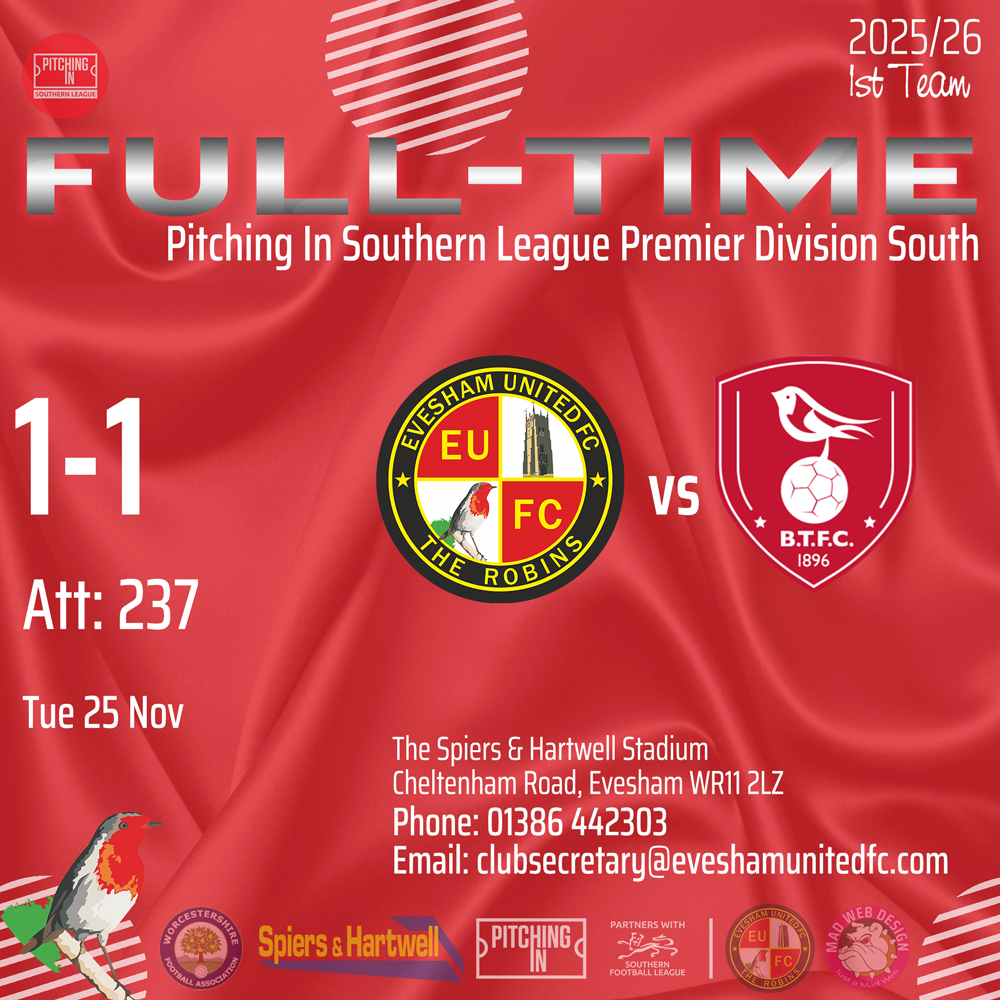 EveshamUnitedFC's tweet image. 📝 Match Report ⤵️
⚽️ @EveshamUnitedFC 1-1 Bracknell Town FC
📆 Tue 25 Nov 🏆 @SouthernLeague1
🌐 news.eveshamunitedfc.com/2025/11/27/cla…
🔴⚪️#TheRobins
