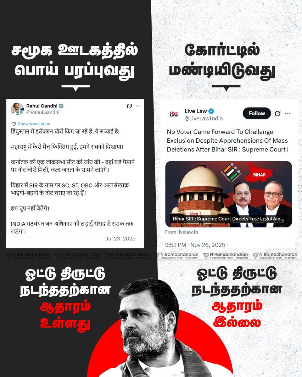 சட்டியில் இருந்தால் தானே அகப்பையில் வரும்??  #SIR 

மீடியாவில் 'ஓட்டு திருட்டு' என பொய் பேசிவிட்டு,  கோர்ட்டில் 'ஓட்டு திருட்டு' ஆதாரத்தை தர முன்வராத காங்கிரஸ்.
