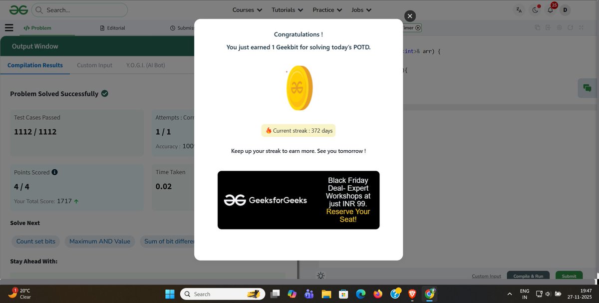 DRana866593's tweet image. Day 371
Problem of the Day(POTD) 27/11/2025     
     
All Subsets Xor Sum

#geeksforgeeks 
#gfg160 
#geekstreak2025
#womenintech